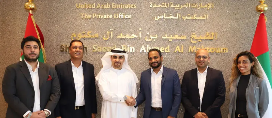 From left to right: Bachir Akhdar, Head of International Ventures; Gurdip Singh, Head of EMEA Region; H.E. Hisham Al Gurg, Group CEO, SEED Group; Rahul Sasi, Co-founder and CEO, CloudSEK; Prakhar Agrawal, Chief of Staff; Victoria Hemby, Business Development Manager.